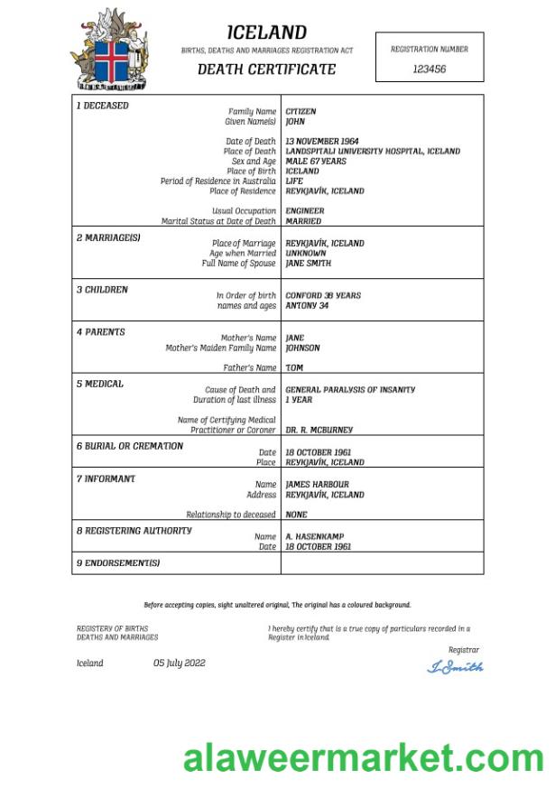 Iceland vital record death certificate Word and PDF template